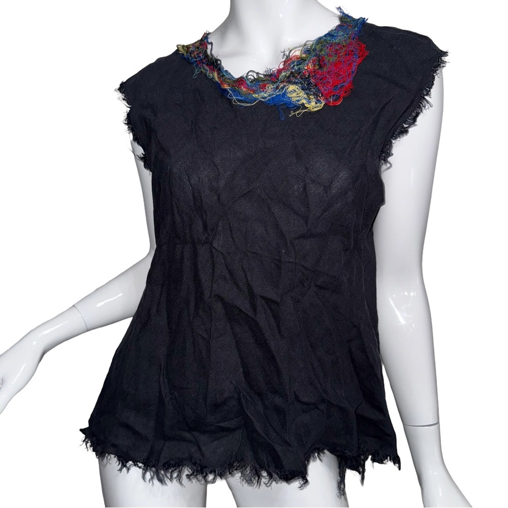 💙💖 Veronique Miljkovitch Black Sleeveless Frayed Artsy Fairy Grunge Blouse